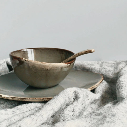 unique asymmetrical dinnerware set - serving plate, small rice bowl and soup spoon in grey