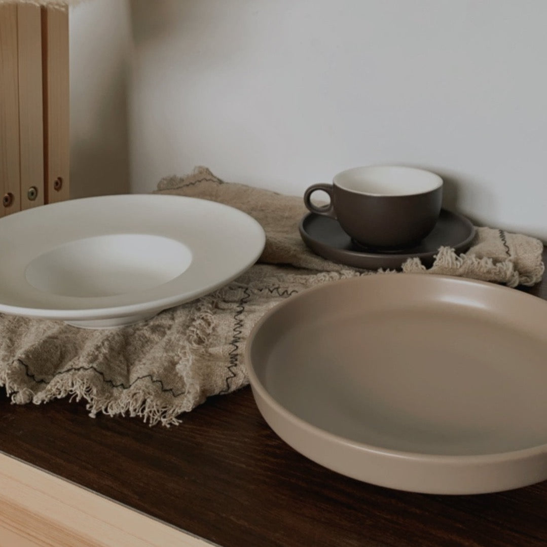 pearl pasta plate, sand 8.5" plate, cacao coffee cup & saucer