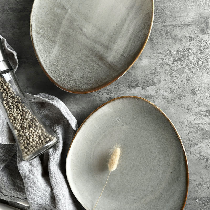 unique asymmetrical dinnerware set - serving plate, small rice bowl and soup spoon in grey