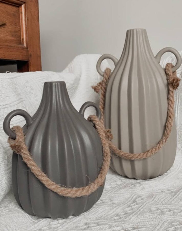 minimal nordic decorative vase with soft ridge edge in tan with rope and handles