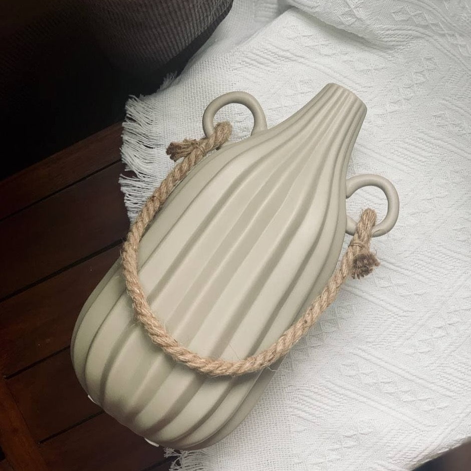 minimal nordic decorative vase with soft ridge edge in tan with rope and handles