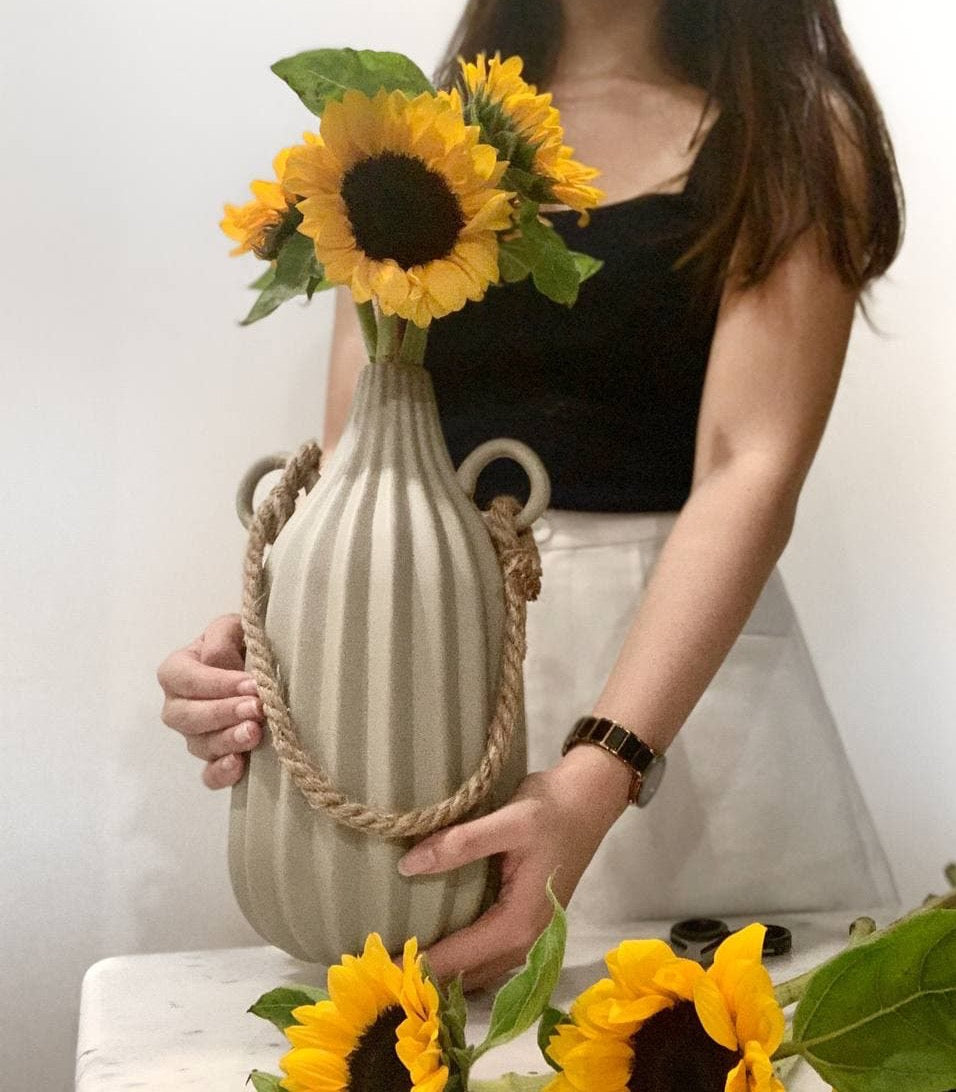 minimal nordic decorative vase with soft ridge edge in tan with rope and handles
