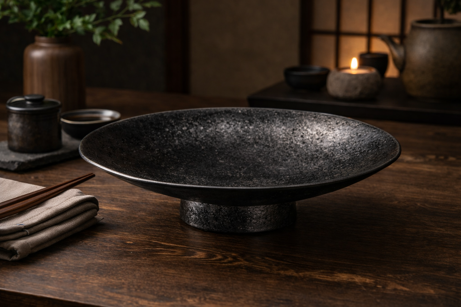Dark ceramic bowl on a wooden table with candles and plants in the background