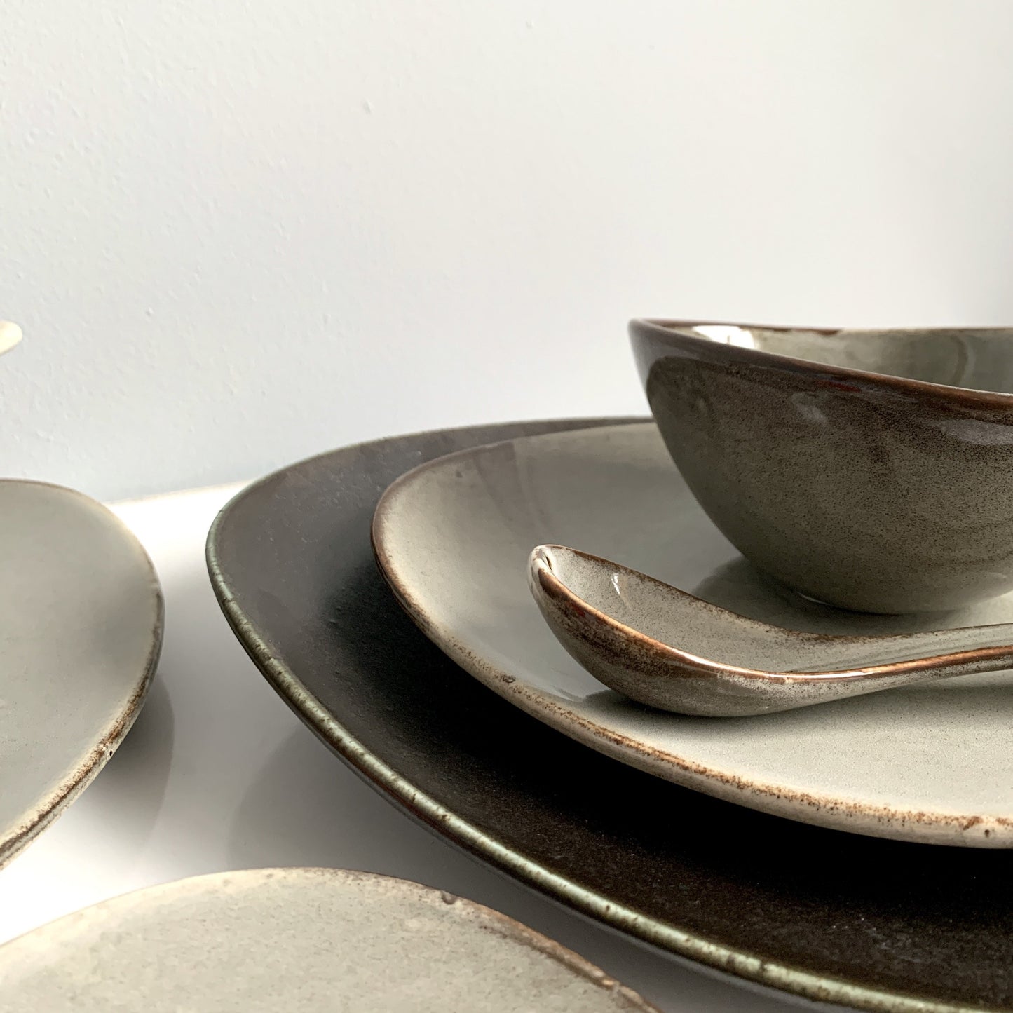 unique asymmetrical dinnerware set - serving and sharing plate set in grey and black