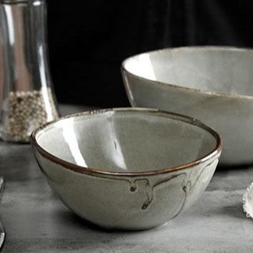 unique asymmetrical dinnerware set - serving plate, small rice bowl and soup spoon in grey
