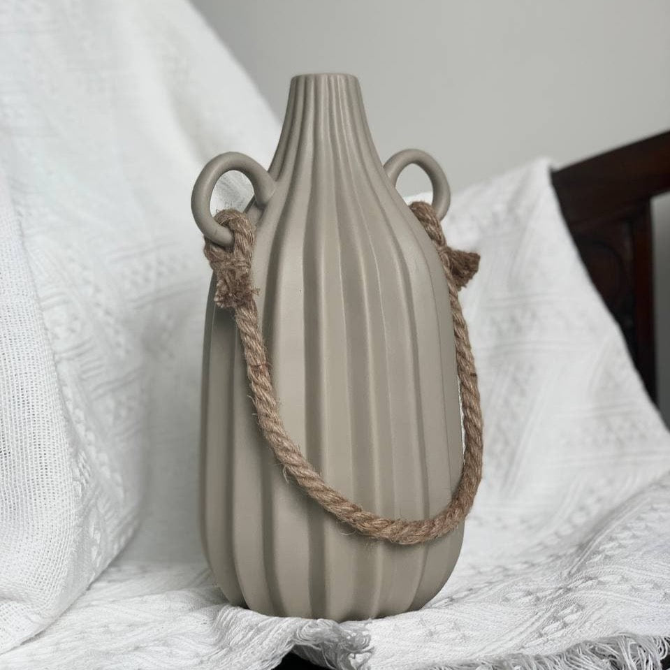 minimal nordic decorative vase with soft ridge edge in tan with rope and handles